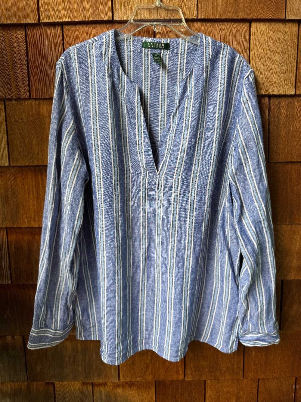 Ralph Lauren Blue & White Striped Linen Long Sleeve Tunic in Women's X-Large